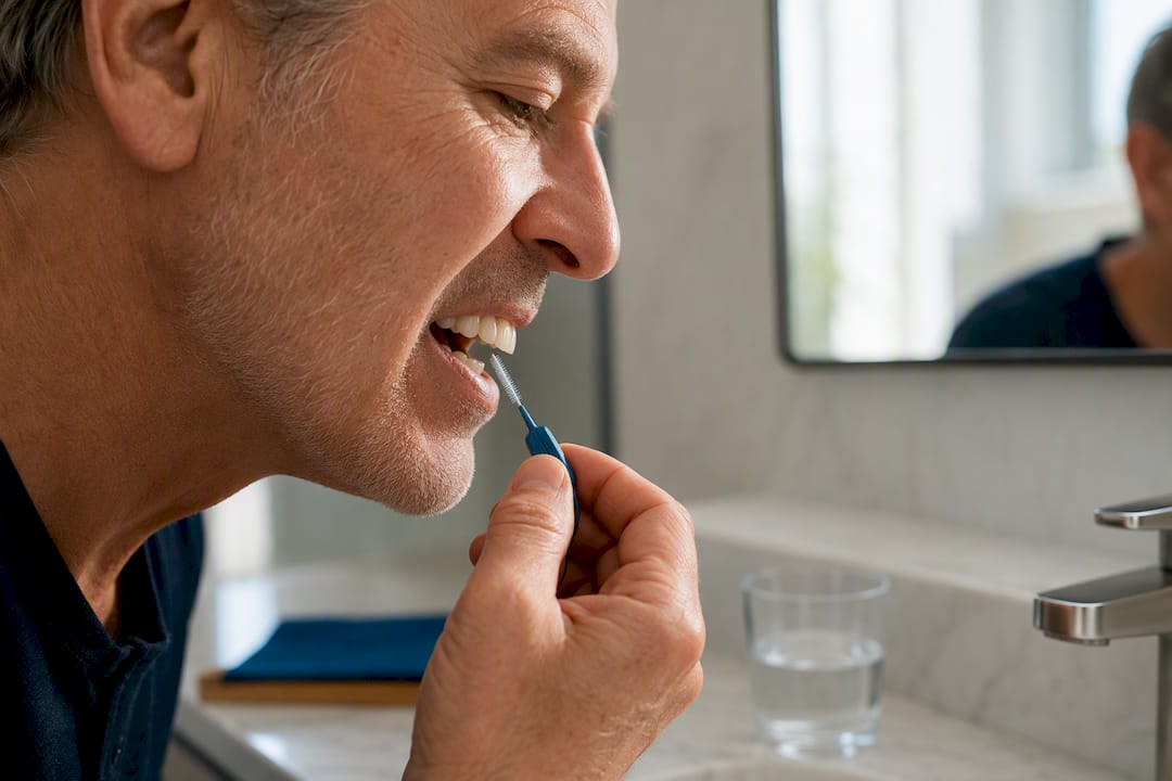 Interdental brush cleaning beneath implant bridge