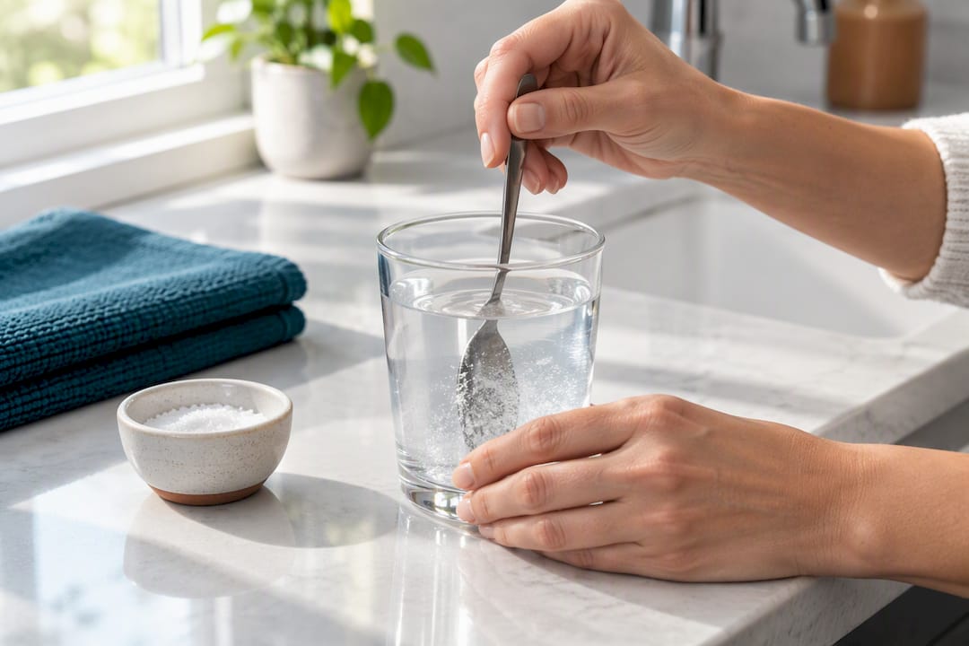 Hands preparing a warm salt water rinse