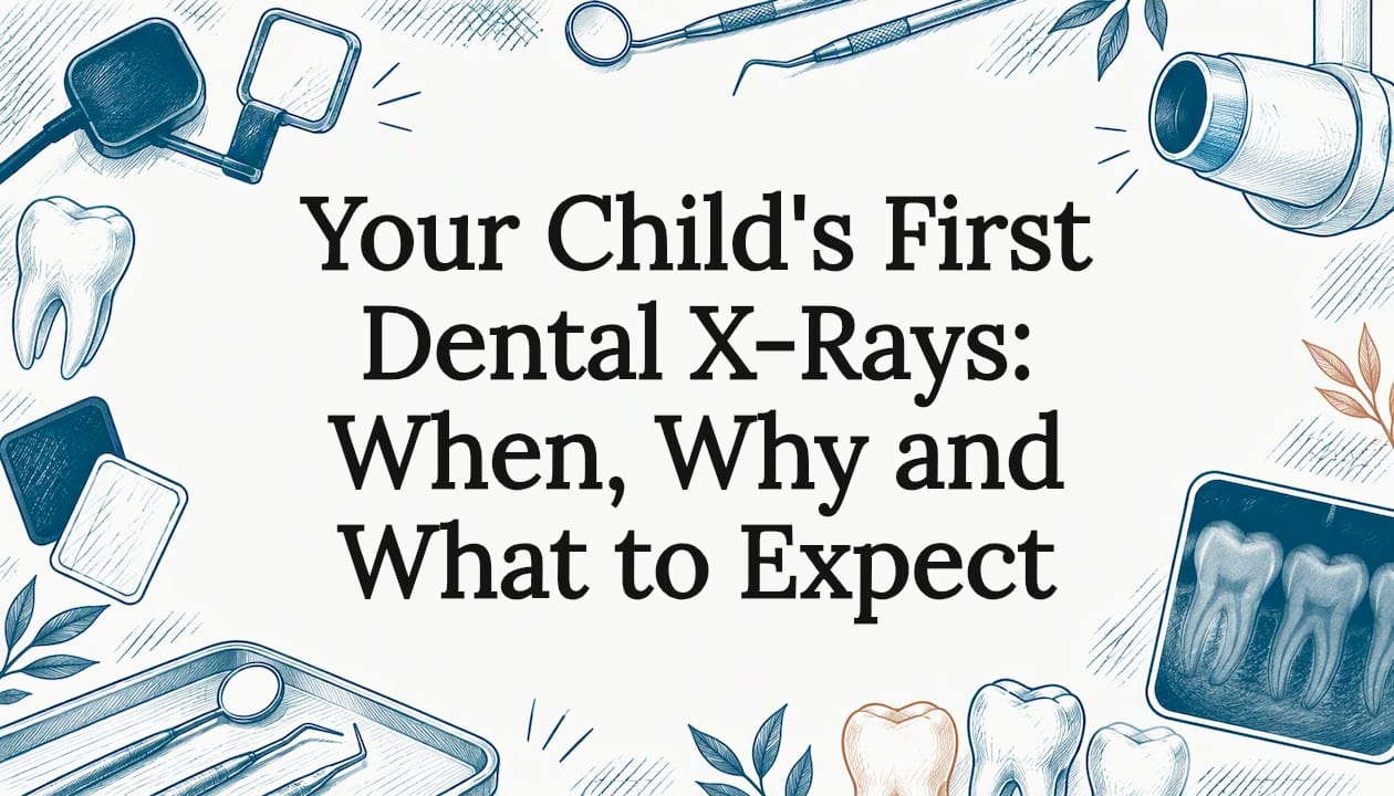 Dental X-ray tools framing a clear title area